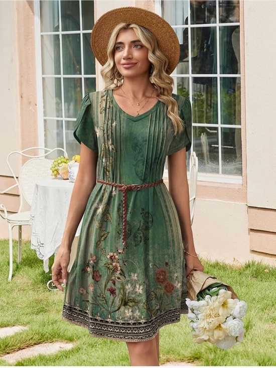 Dresses & Skirts - Green Floral V-Neck Short Sleeve Dress size S,M,L,XL, XXL